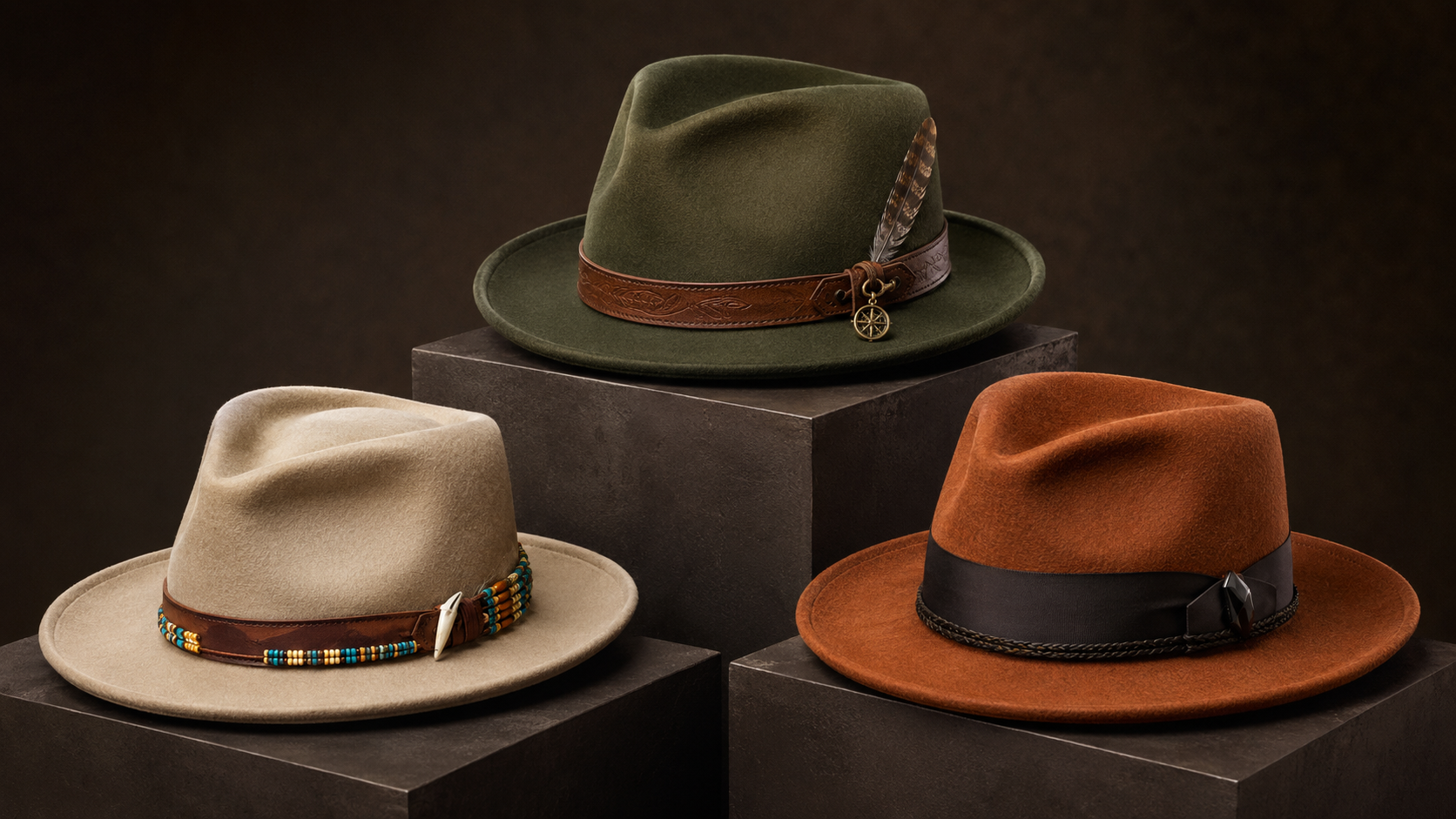 Three handcrafted fedoras displayed on museum plinths